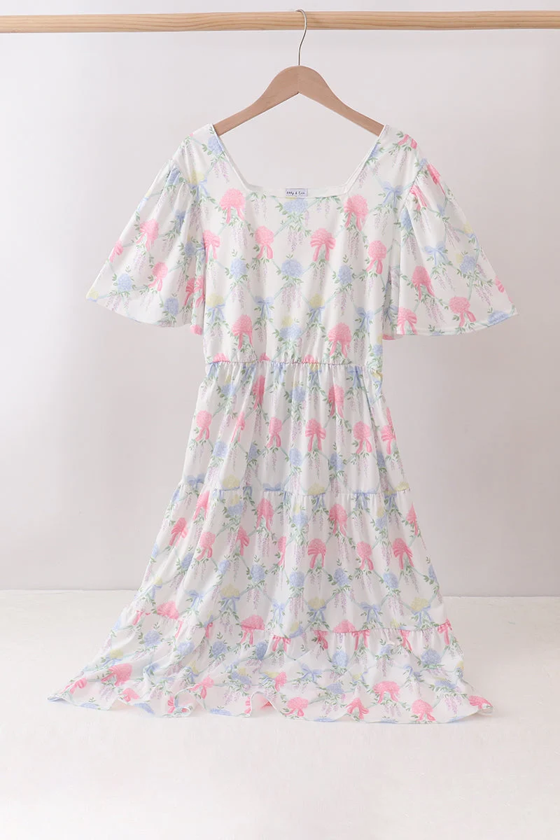 Original Design Blue Hydrangea Bow Women Dress Pure