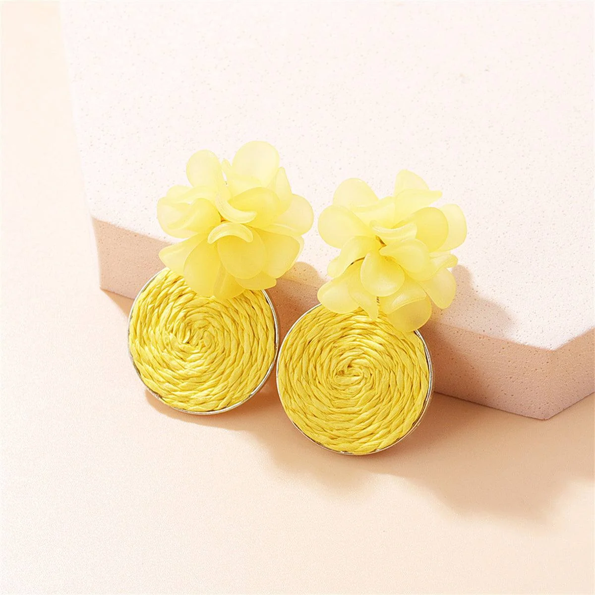 Verified Yellow Raffia Flower Drop Earrings Artisan