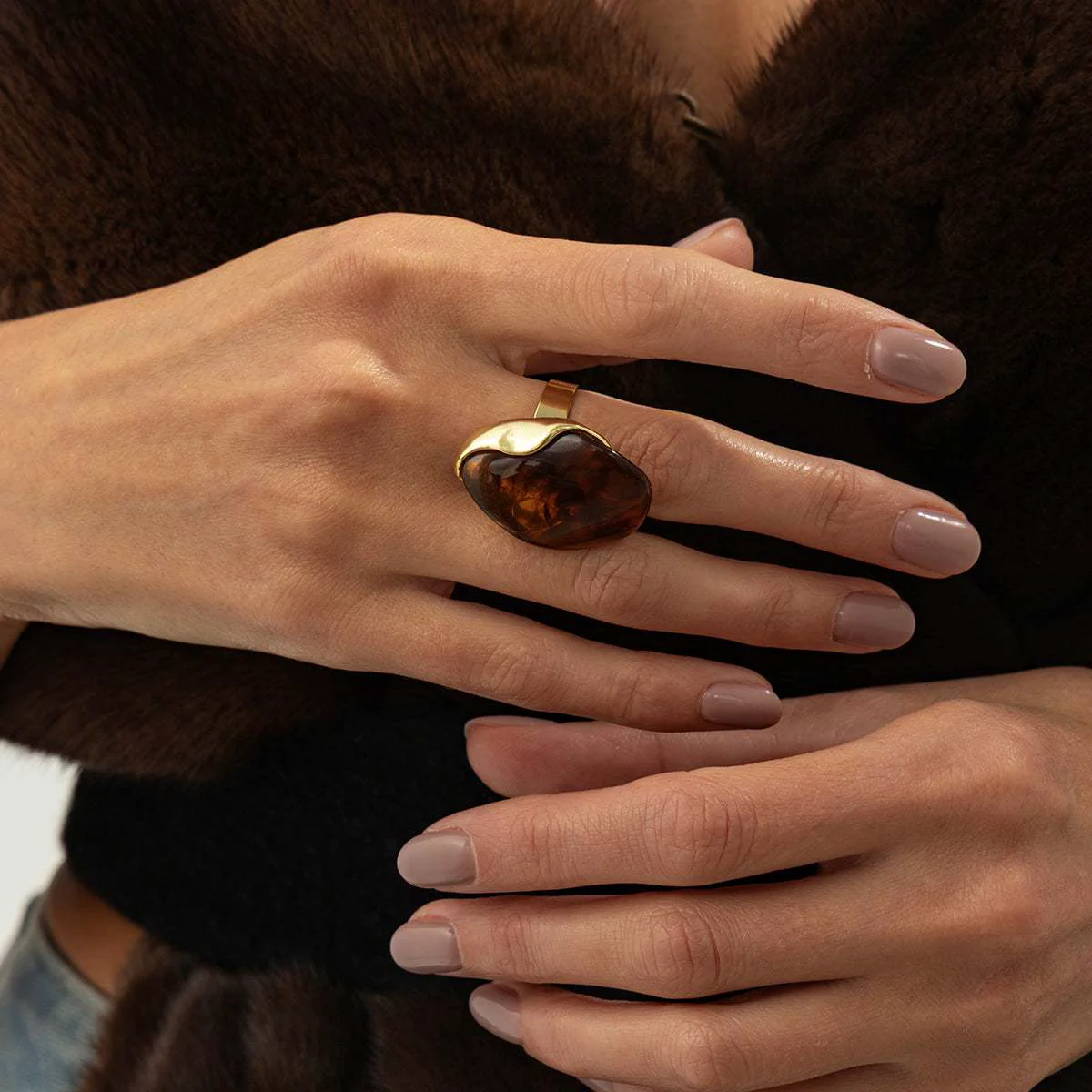 Superior Amber Resin Goldtone Irregular Drop Open Ring Clean