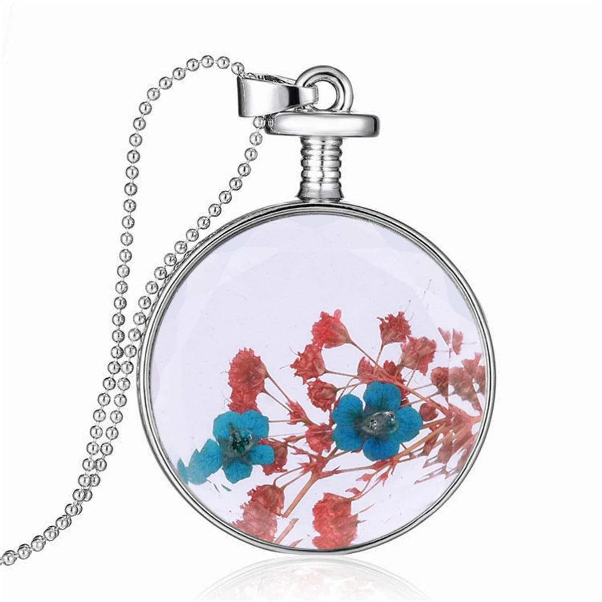Soft Purple Red Pressed Peach Flower Round Pendant Necklace Breathable