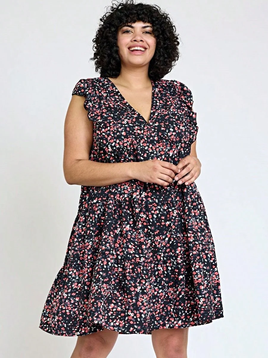 Original Design Vintage Boho Flutter Sleeve Summer Black Brown Pink Leopard Floral Shift Short Swing Aline Southern Dress Small - 3 XL Plus Solid