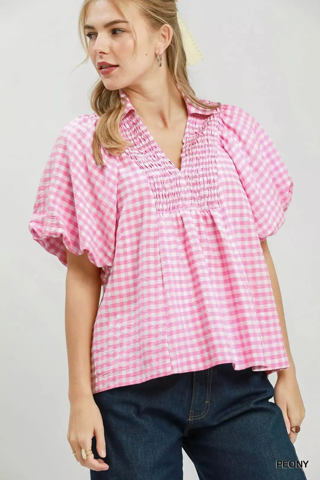 Stylish Umgee Smocked Yoke Puff Sleeve Gingham Blouse in Peony Superior