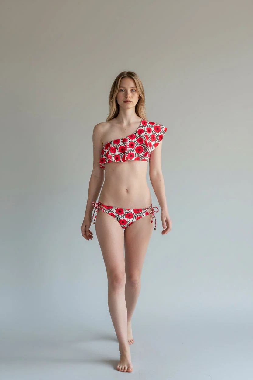 Environmentally Friendly Christian Audigier The Ruffle One-Shoulder Bikini Red Print BMS062-4188 Relaxed