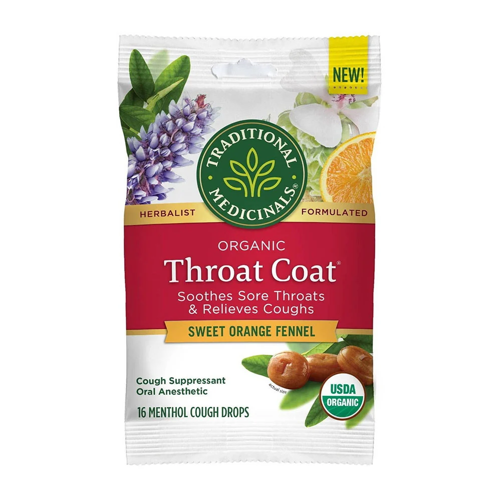 Environmentally Friendly Traditional Medicinals Organic Throat Coat Cough Drops Sweet Orange 16Ea Pack of 12 Natural