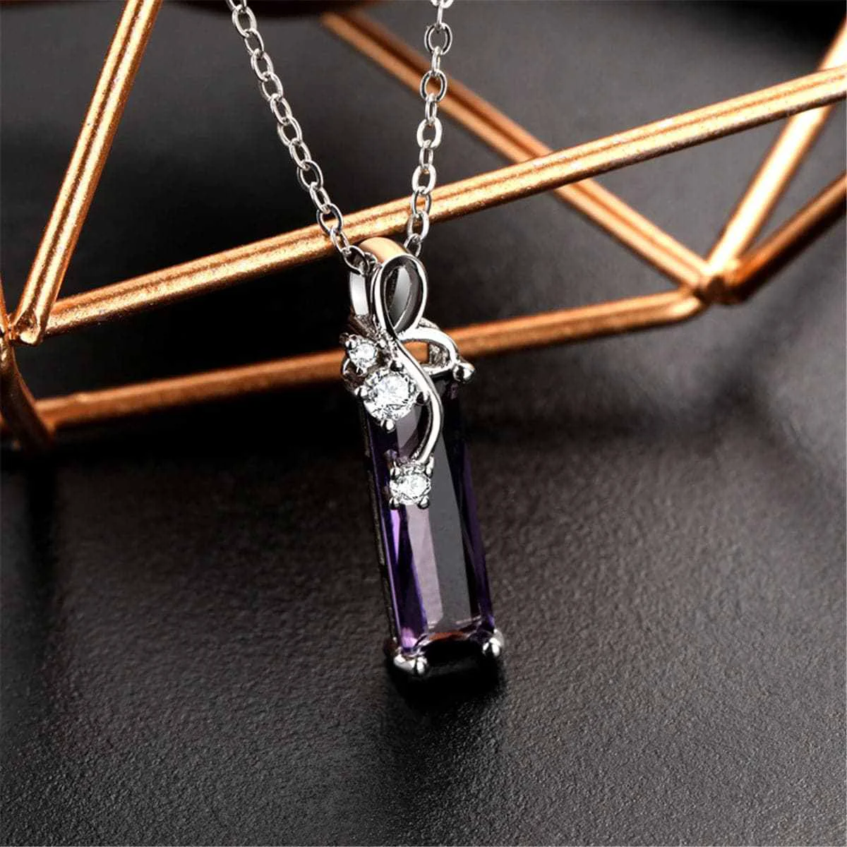 Sophisticated Purple Crystal Cubic Zirconia Rectangle Pendant Necklace Organic