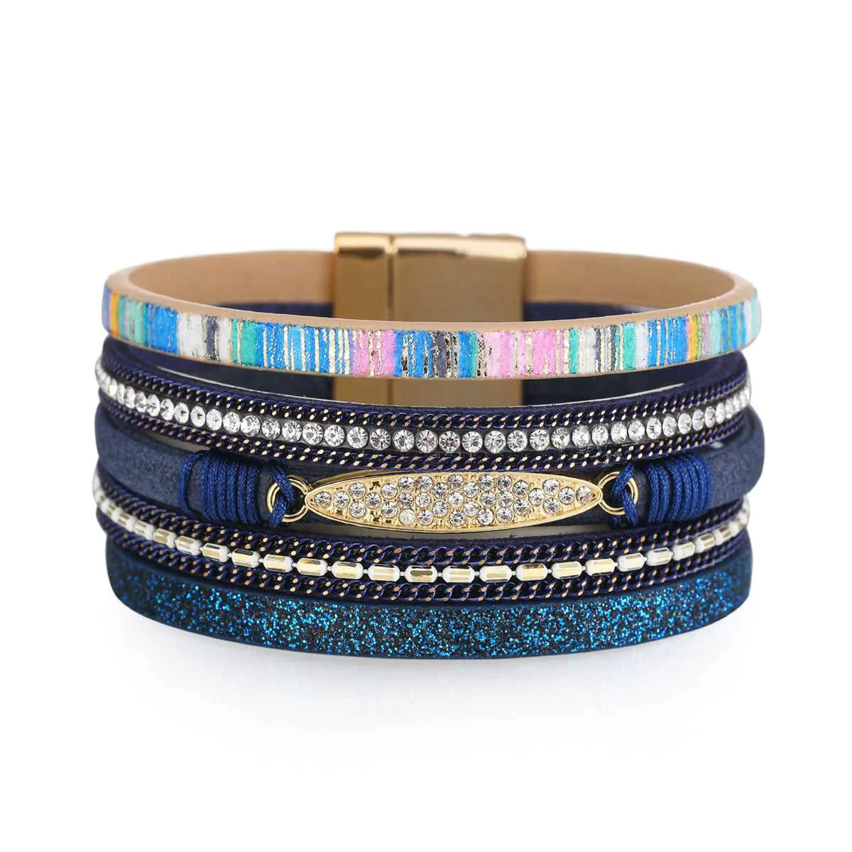Crafted Navy Polystyrene Cubic Zirconia Goldtone Strand Bracelet Refined