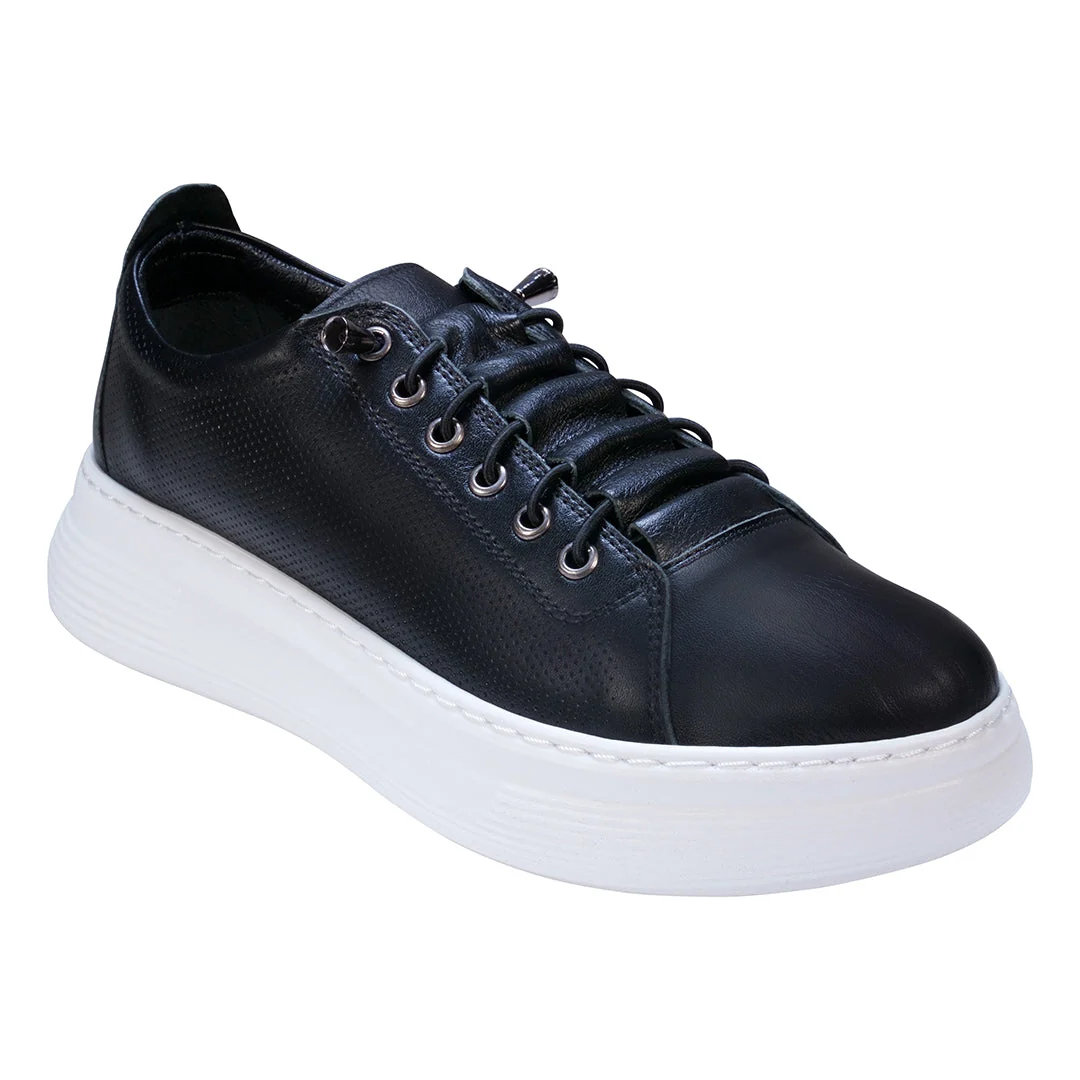 Fashionable Graze Black Hidden Lace Perforated Platform Leather Sneakers Fast