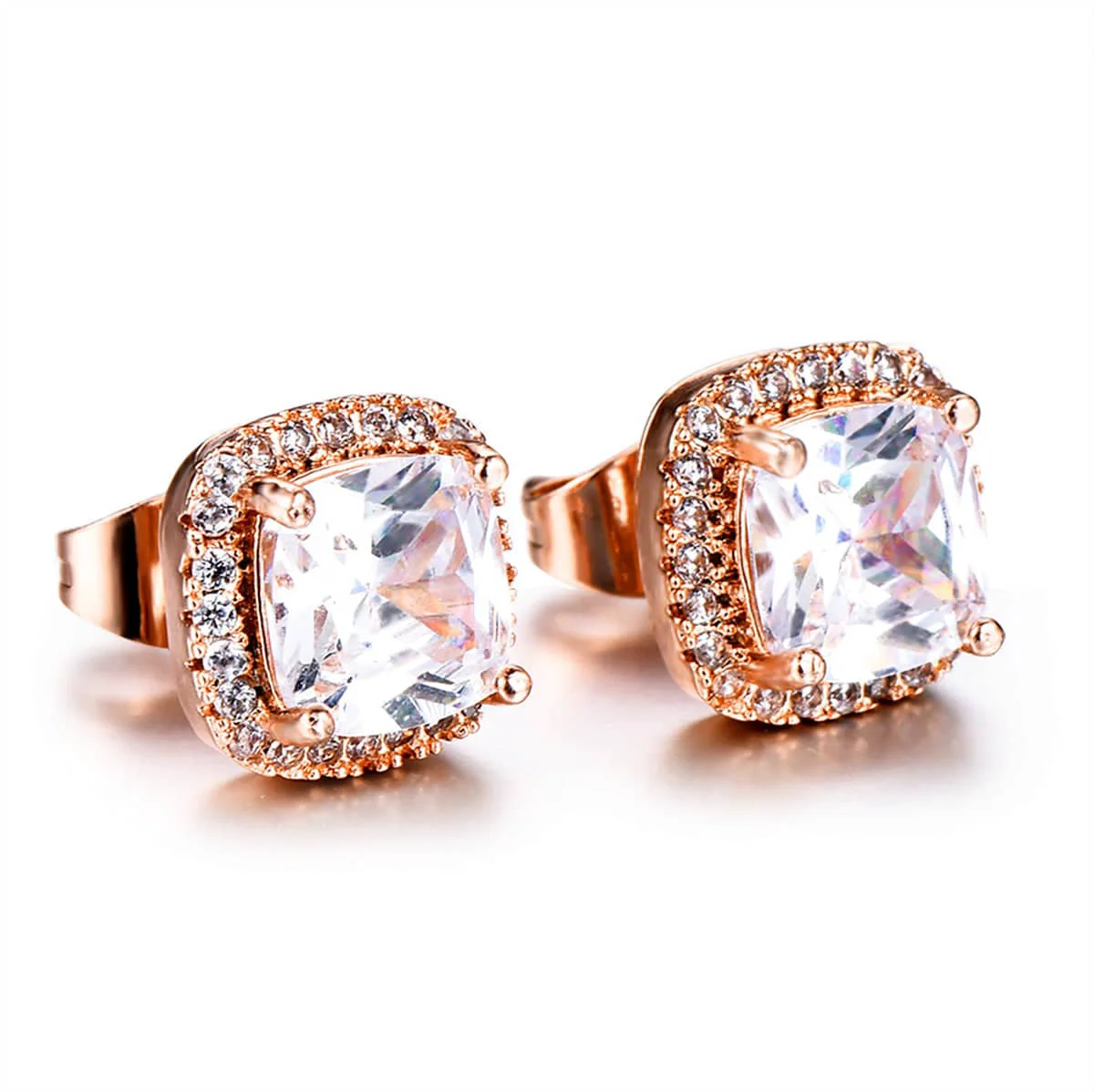Stylish Clear Princess Crystal Rose Goldtone Halo Stud Earrings Smooth