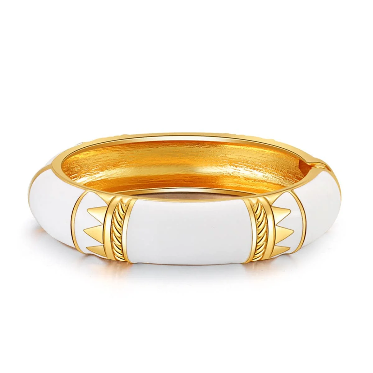 Breathable White Enamel Goldtone Geometric Bamboo Bangle Lightweight