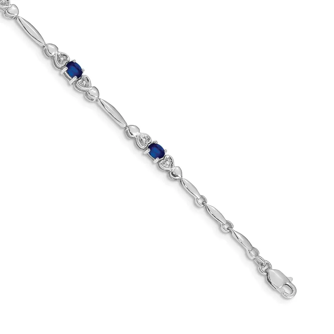 Solid 14k White Gold Blue Sapphire Heart 7 inch Bracelet Luxury
