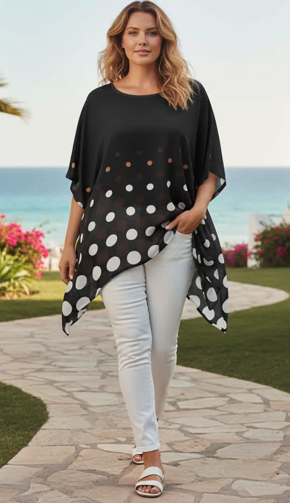 Classic Lily by Firmiana Women s Round Neck Short Sleeve Fishtail Tunic Women s Apparel Black White Polka Dot Print Detailed