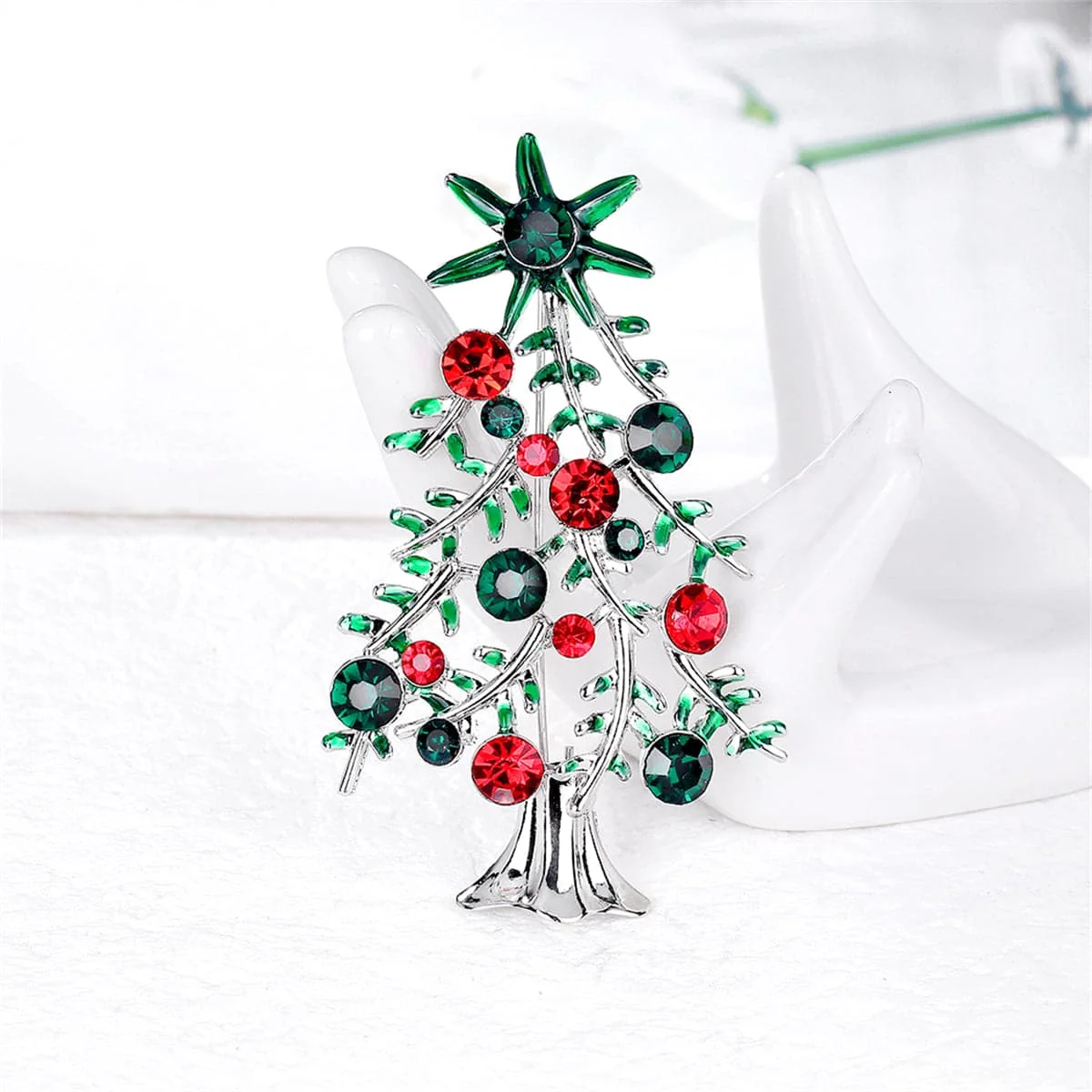 Flexible Red Green Crystal Christmas Tree Brooch Classic