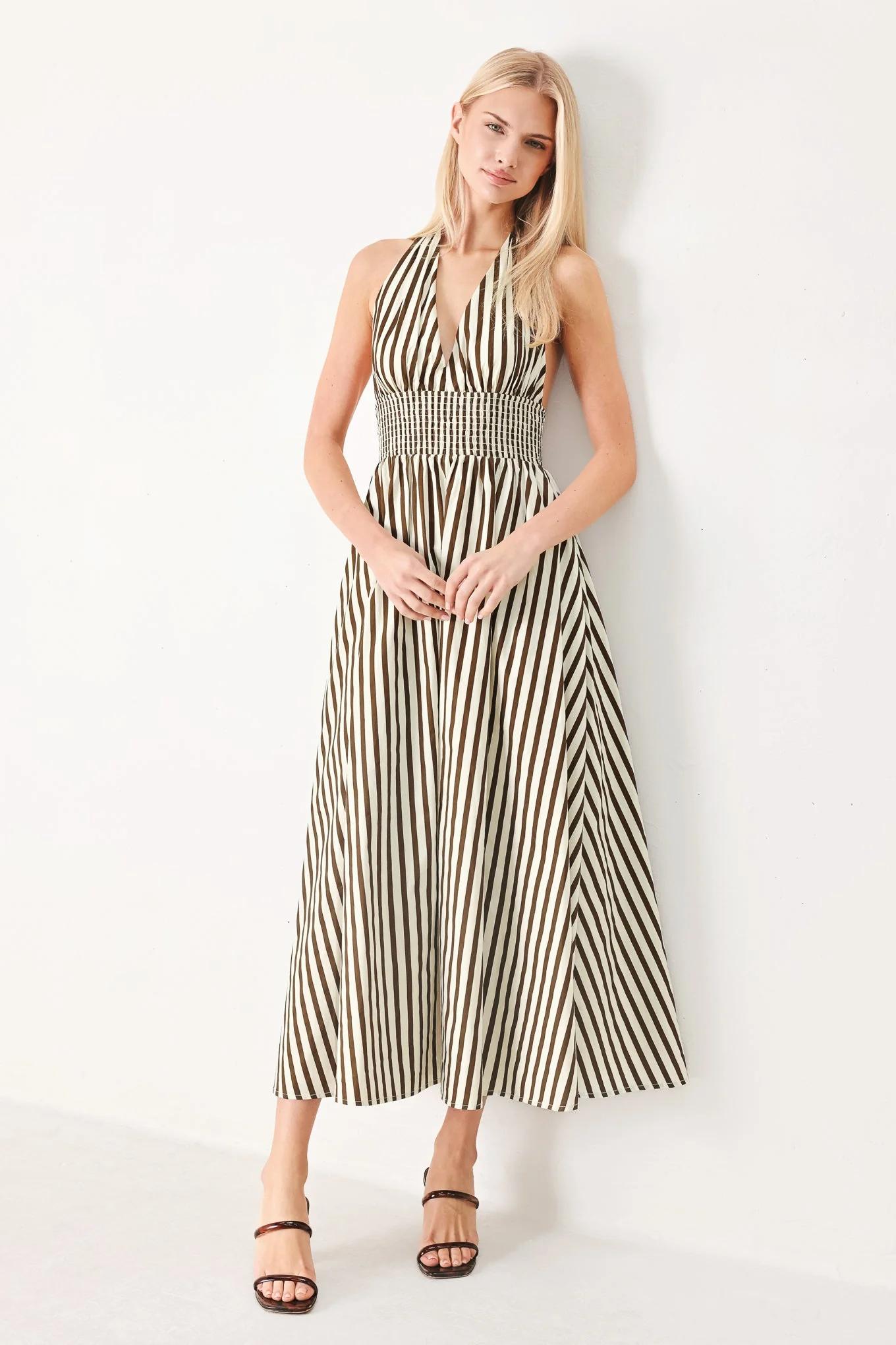 Fine Crafted Vacation Line Strip Woven Midi Dress Quality