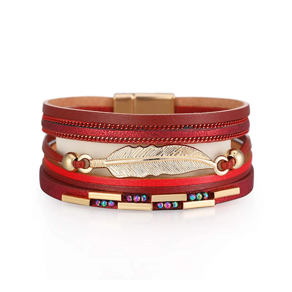 Exclusive Red Polystyrene Cubic Zirconia Goldtone Feather Stacked Bracelet Professional