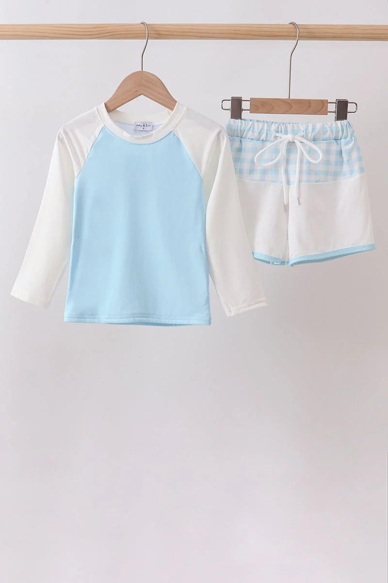 Detailed Blue Plaid UPF Swim Set Excellent