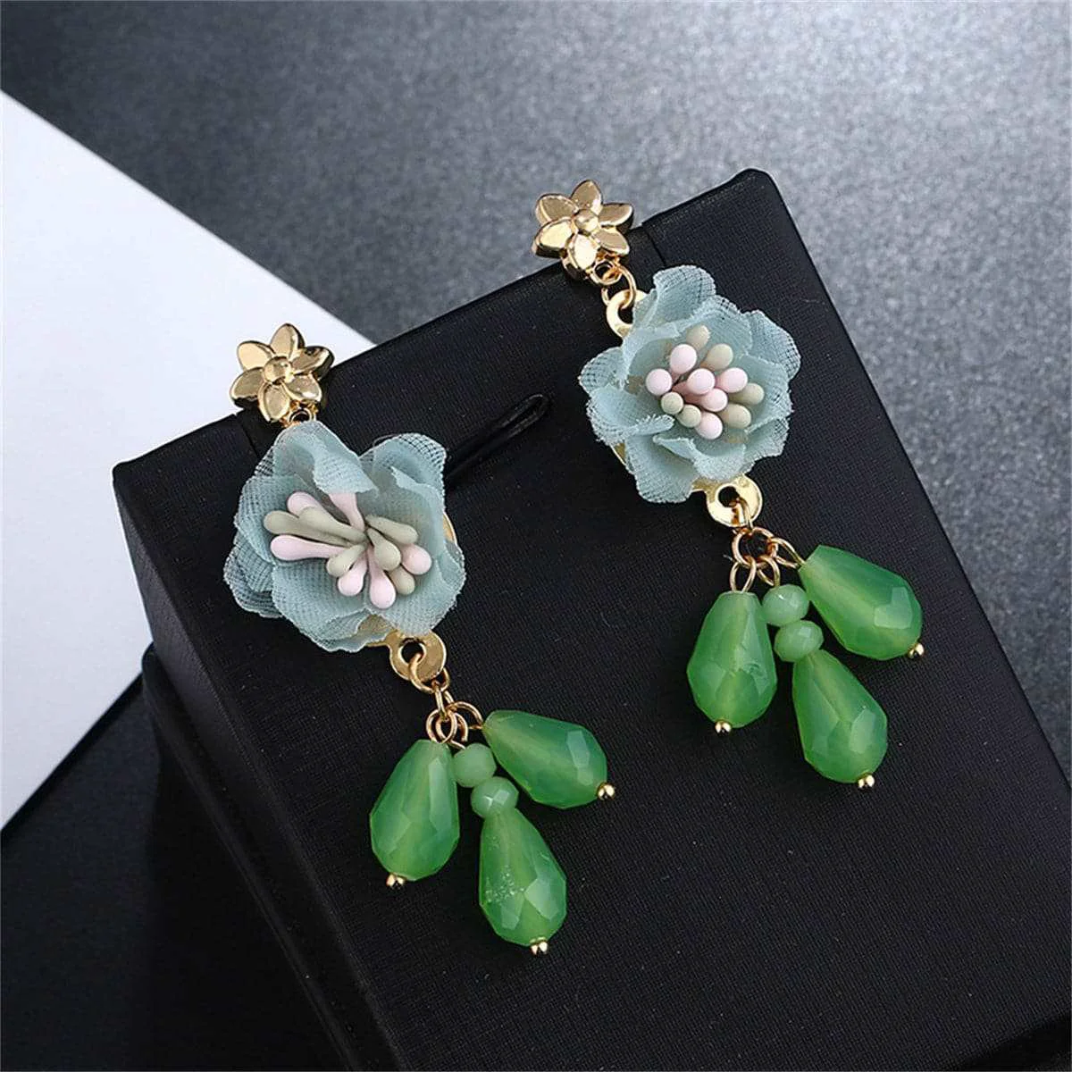 Carefully Designed Green Blue Enamel Flower Drop Earrings Elite