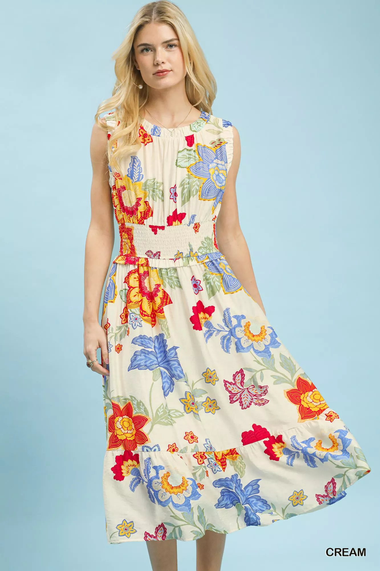 Expertly Made Umgee Floral Smocked Midi Dress Effective