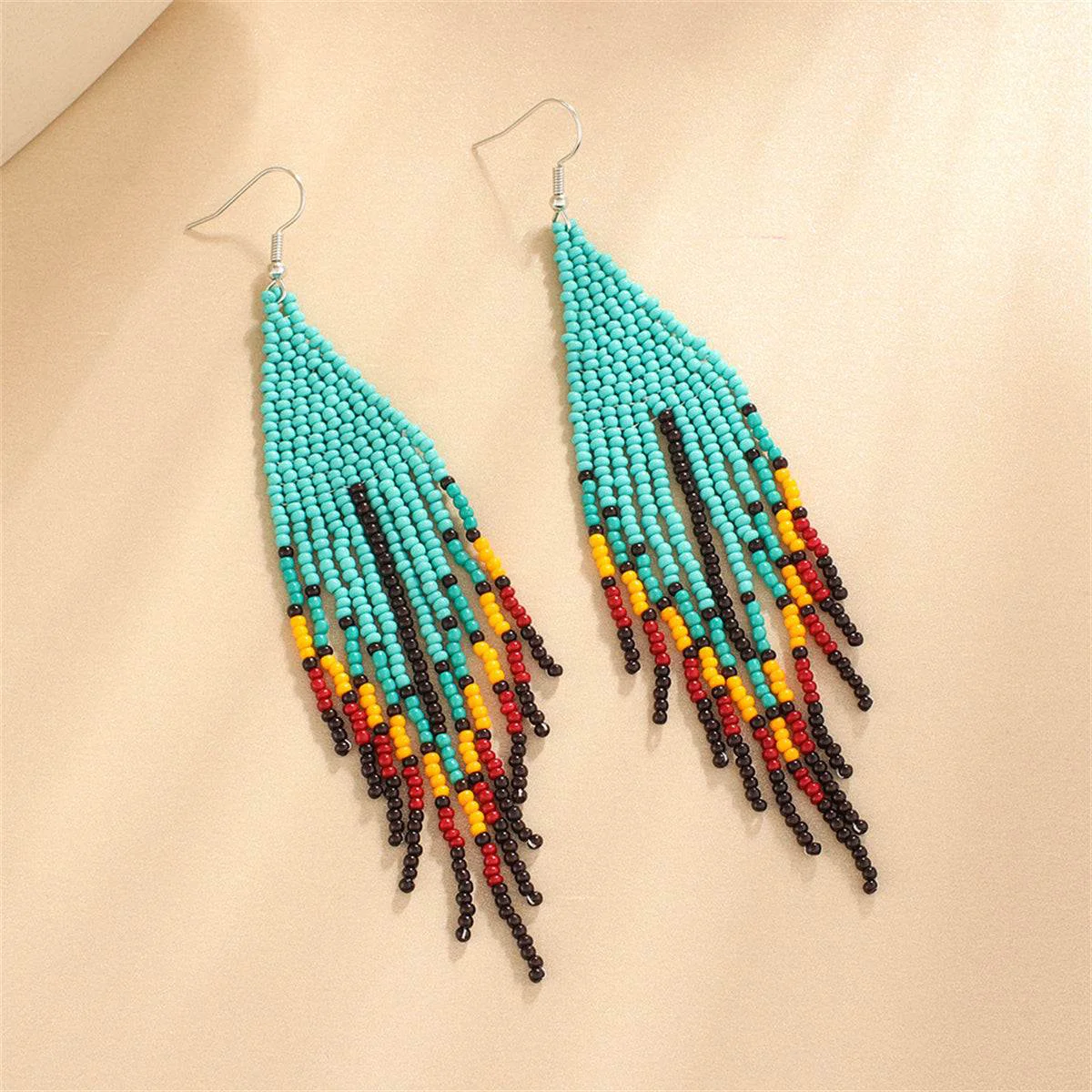 Verified Teal Red Howlite Geometric Tassel Drop Earrings Durable