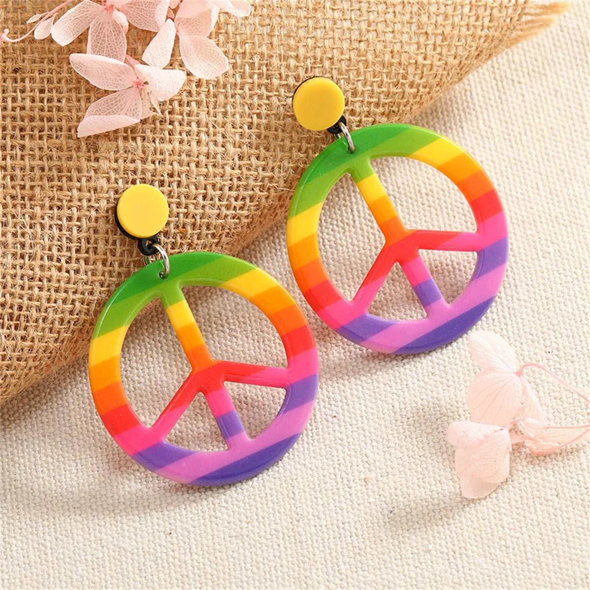 Clean Purple Green Multicolor Peace Sign Drop Earrings Secure