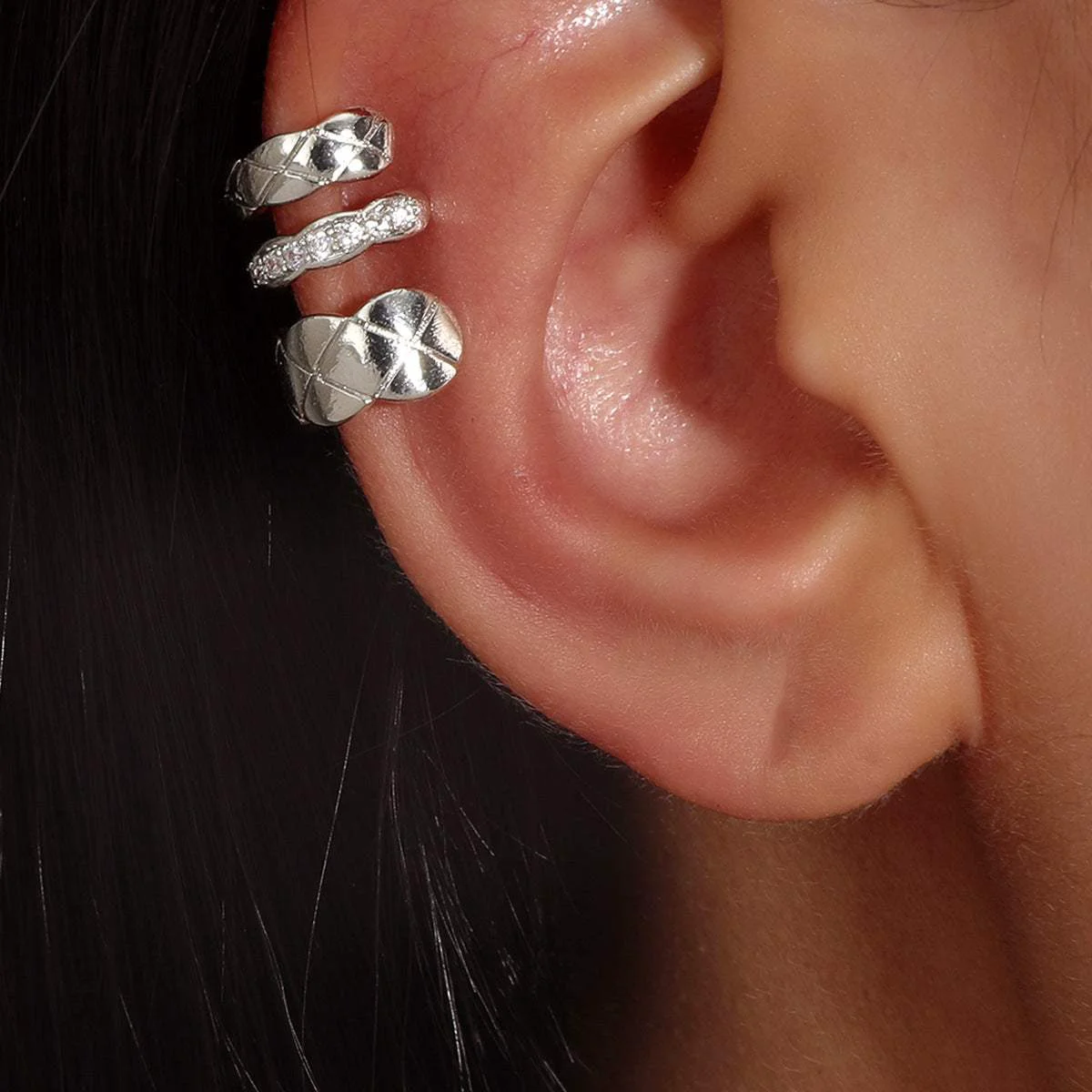 Unique Cubic Zirconia Silvertone Rhombus-Cut Layered Ear Cuff Comfortable