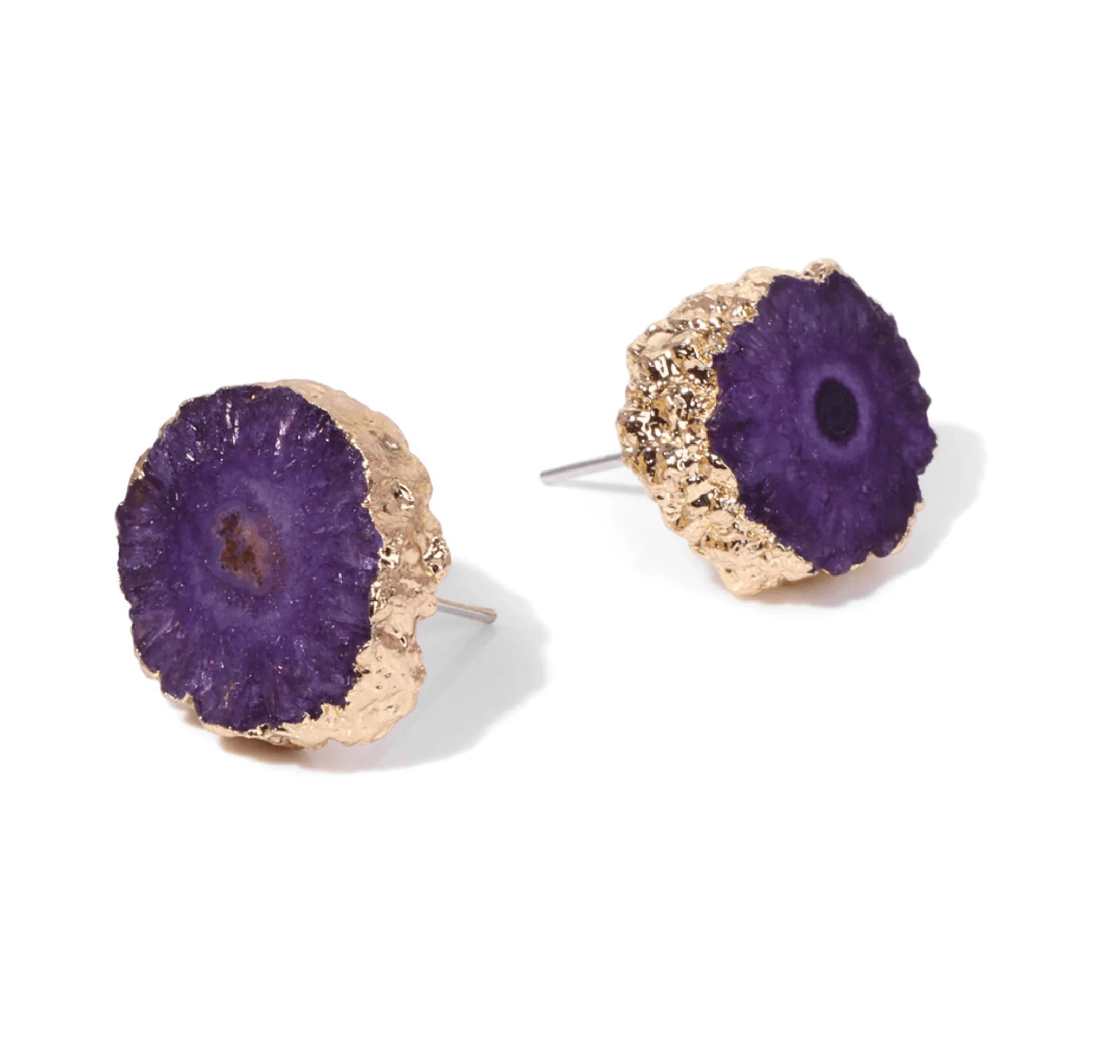 Crafted Amethyst Druzy Circular Stud Earrings in Goldtone Elite