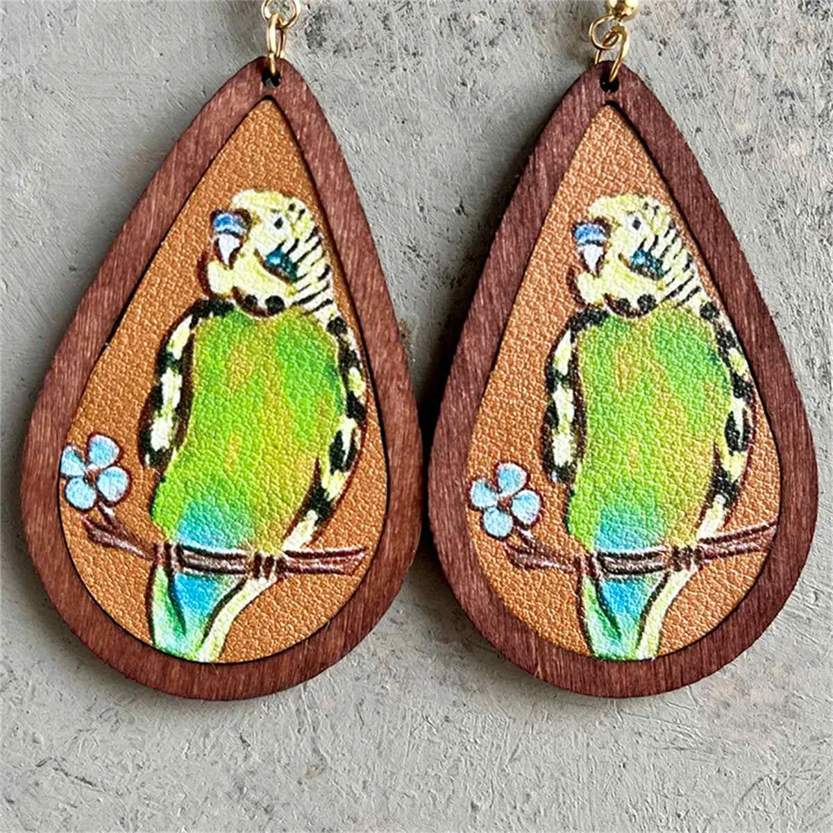 Certified Green Brown Parakeet Wood Teardrop Earrings Crafted