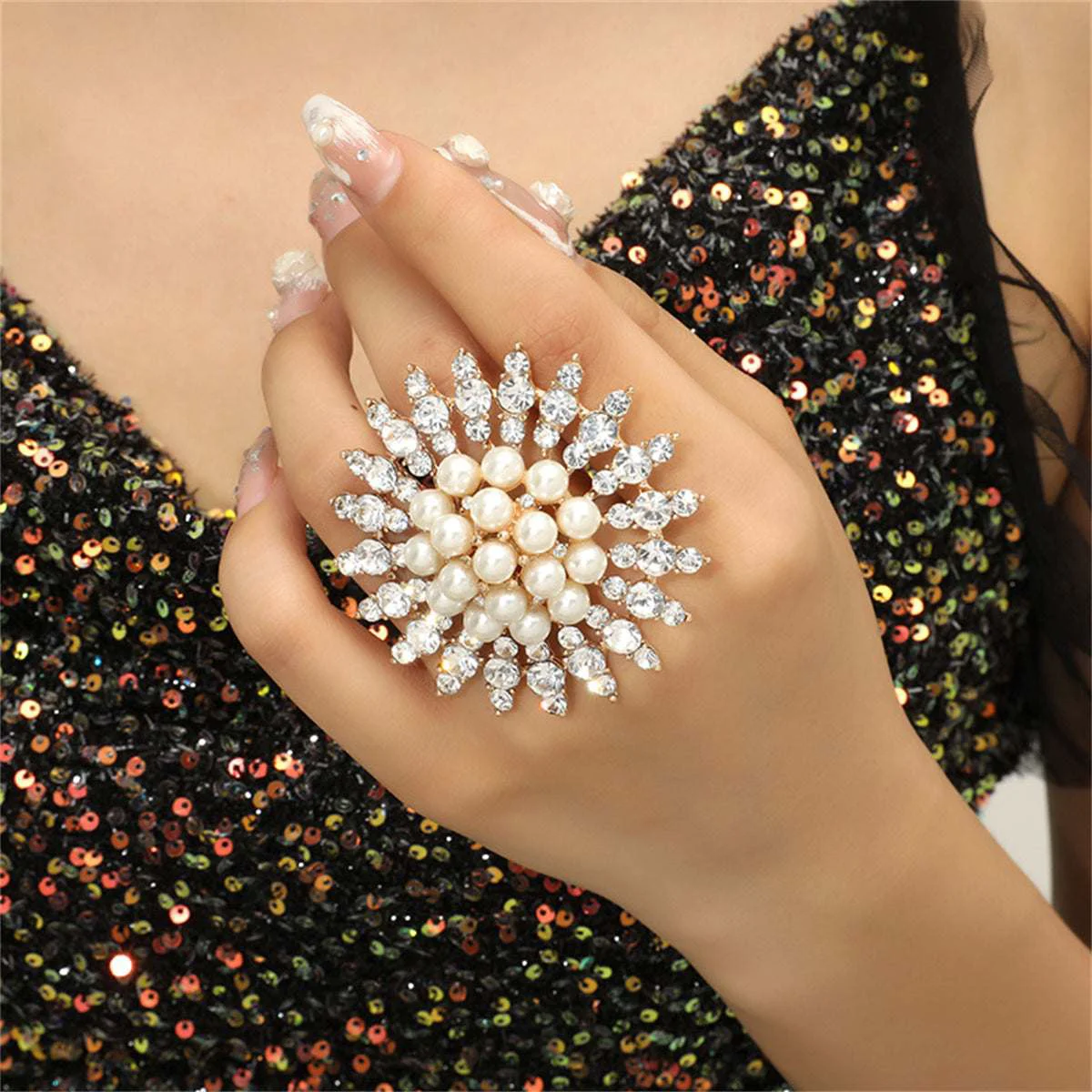 Traditional Cubic Zirconia Pearl Goldtone Floral Statement Ring Innovative