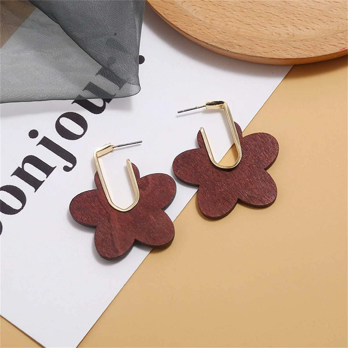 Solid Coffee Wood Goldtone Flower Huggie Earrings Minimalist