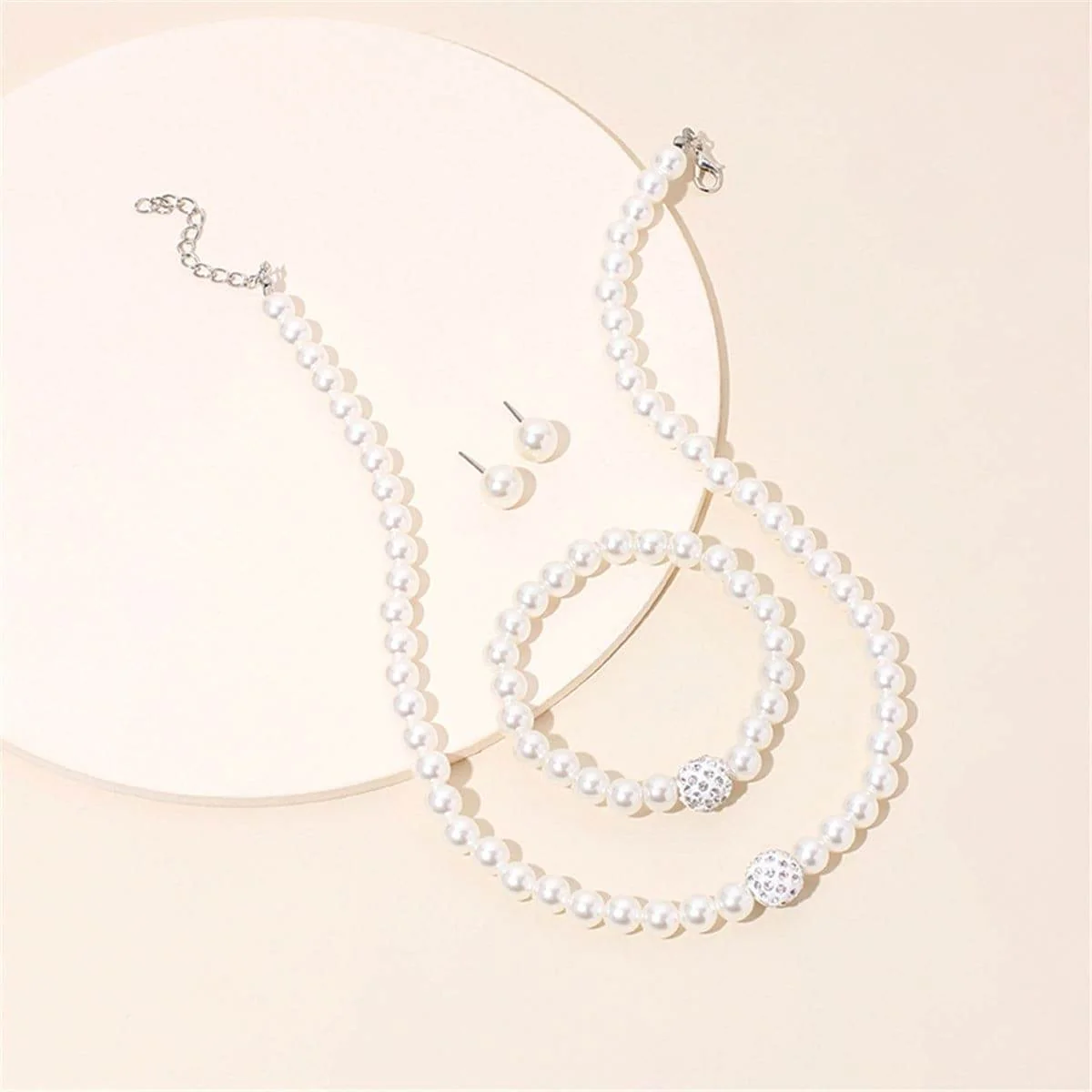 Clean Pearl Cubic Zirconia Silvertone Beaded Necklace Set Crafted