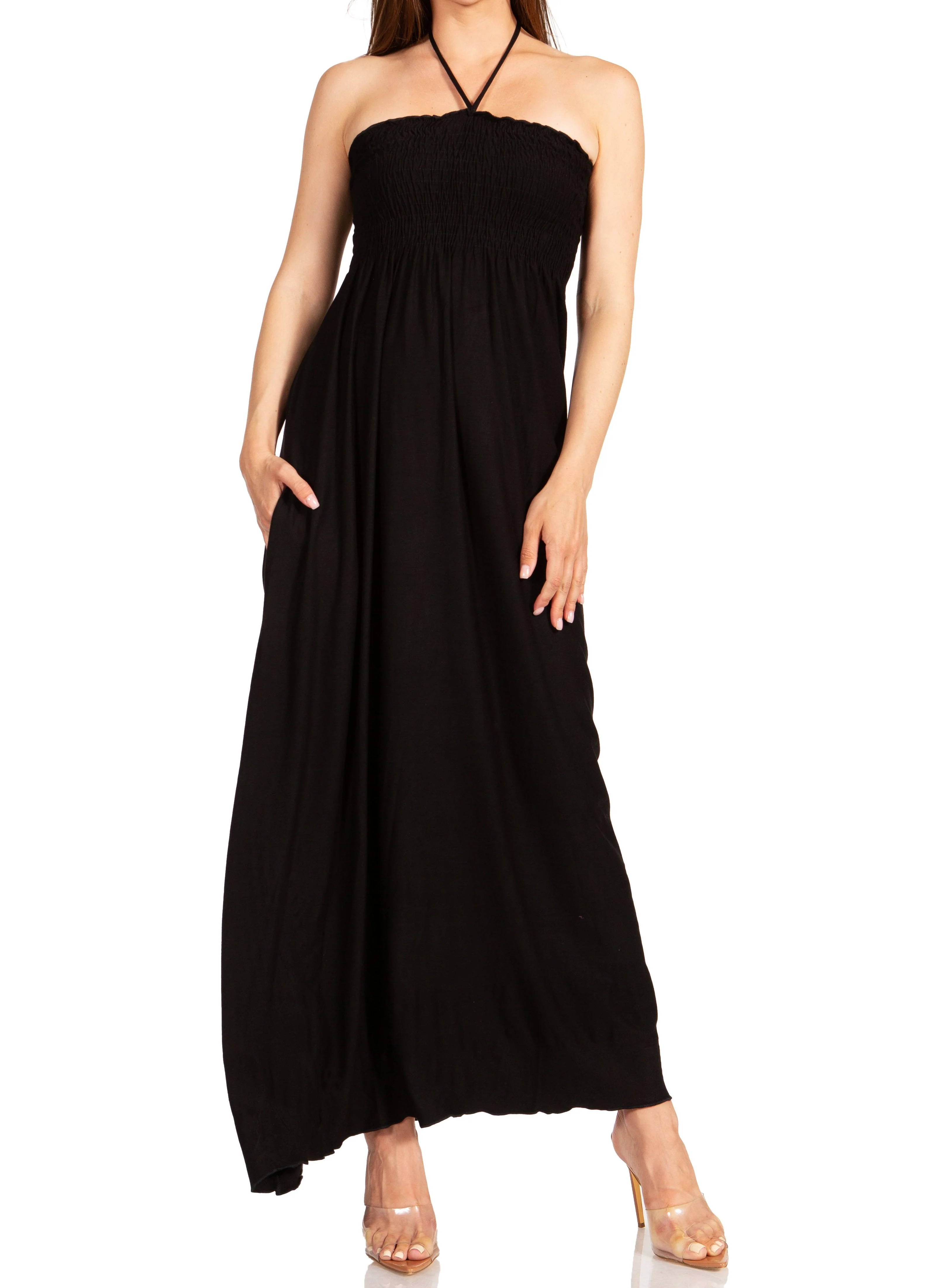Comfortable Sakkas Soft Jersey Feel Solid Color Smocked Bodice String Halter Long Dress Contemporary