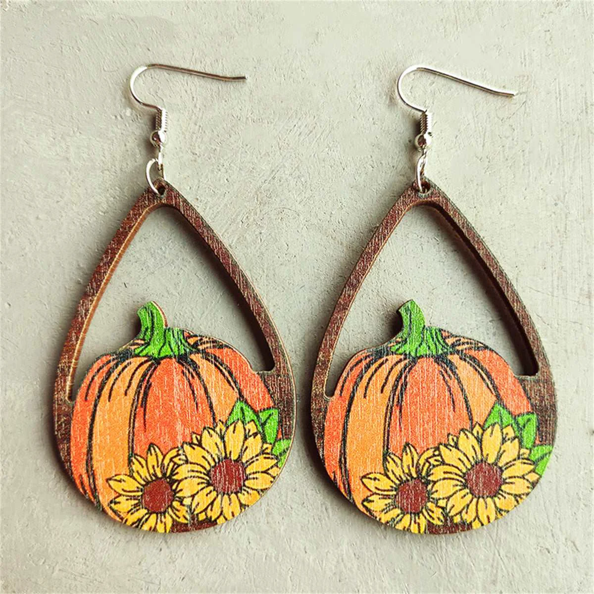 Advanced Orange Yellow Painted Wood Pumpkin Sunflower Open Teardrop Earrings Superior