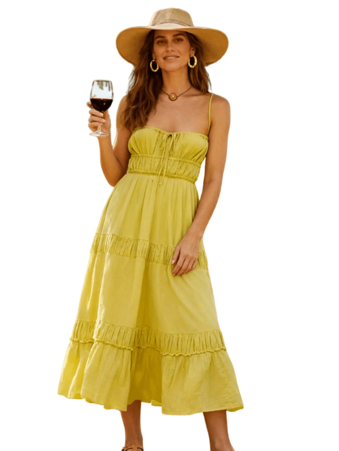 Organic Chic YC Women's Tiered Ruffle Midi Dress Spaghetti Strap Smocked Waist Boho Summer Beach Vacation Yellow Dress Durable
