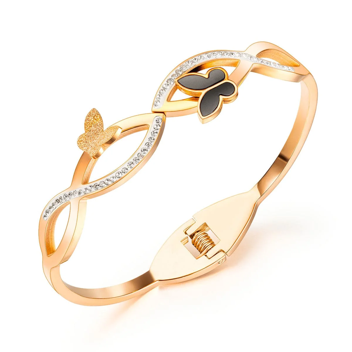 Consistent Cubic Zirconia Black Acrylic Rose Goldtone Frosted Butterfly Wave Bangle Traditional