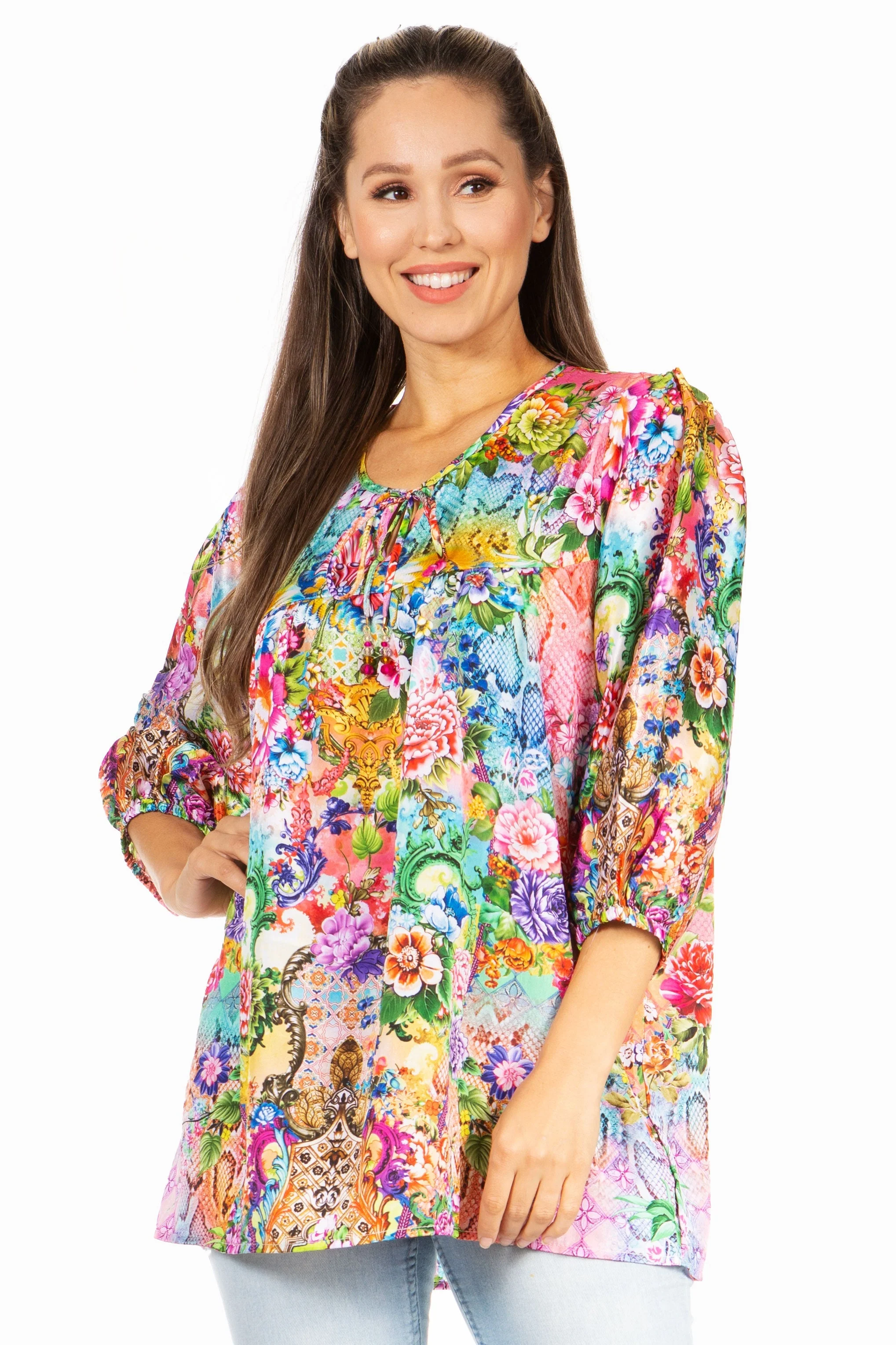 Verified Sakkas Ligia Floral Tunic Women's 3 4 Sleeve Blouse Natural
