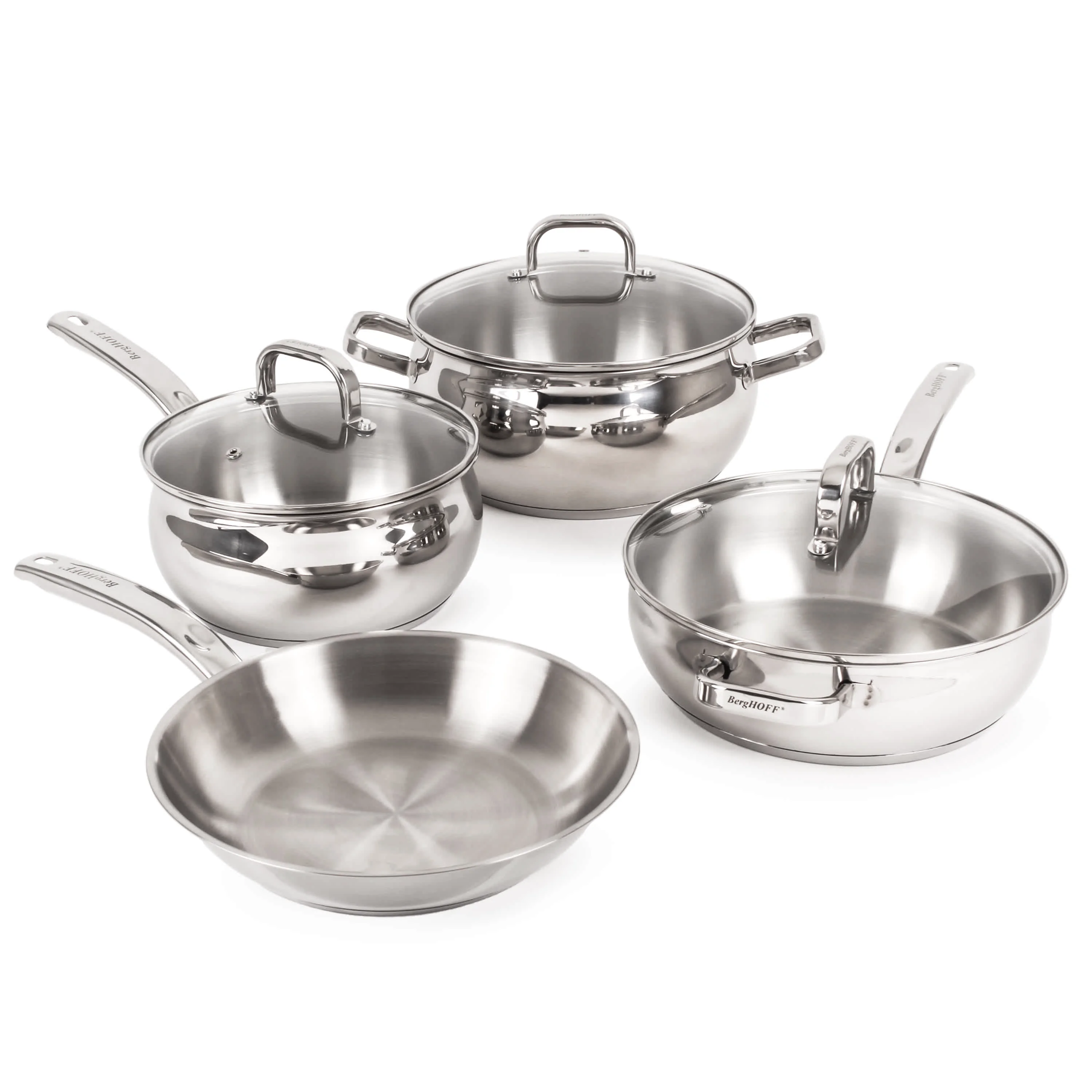Exclusive BergHOFF Belly Shape 7pc 18 10 Stainless Steel Cookware Set with Glass Lids Artisan
