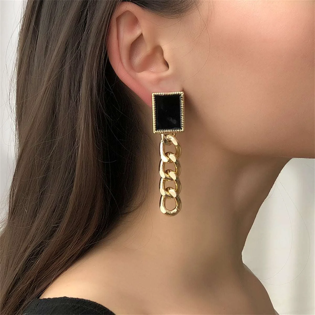 Authentic Black Enamel Goldtone Square Chain Drop Earrings Easy-to-Use