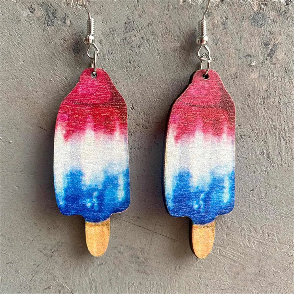 Authentic Red Multicolor Wood Silvertone Americana Stick Drop Earrings Consistent