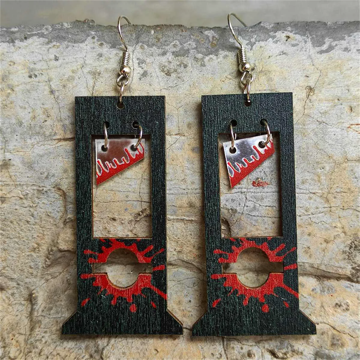 Solid Black Wood Silvertone Guillotine Drop Earring High-Grade