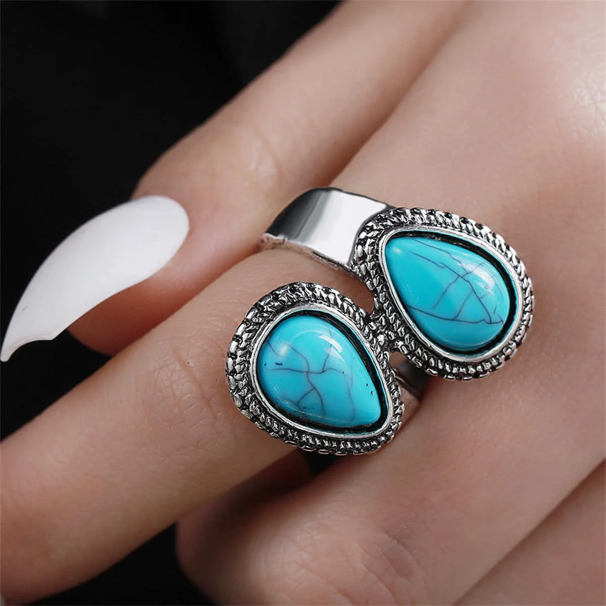 Dependable Blue Turquoise Silvertone Drop Open Ring Exclusive