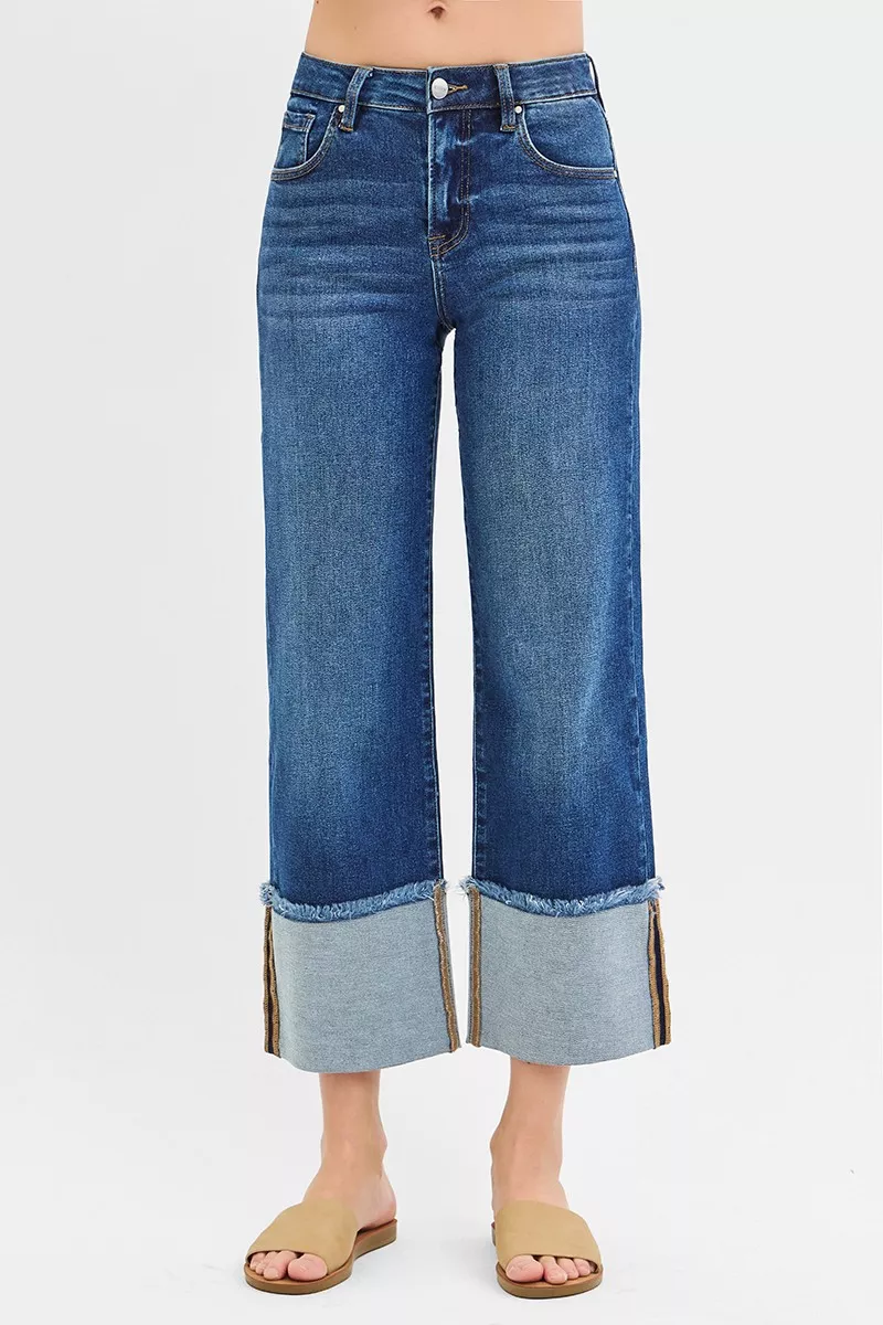 High-End RISEN Full Size Mid Rise Crop Wide Wide Cuffed Jeans Plus Size Casual