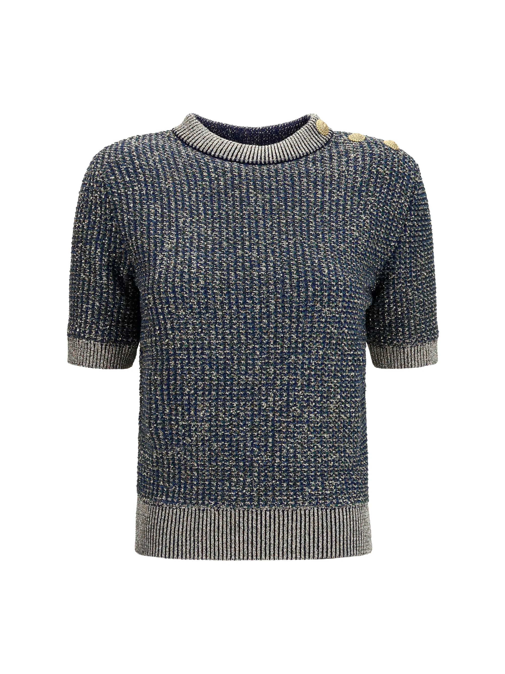 Casual Short-Sleeve Sequin Sweater Navy Green Luxury