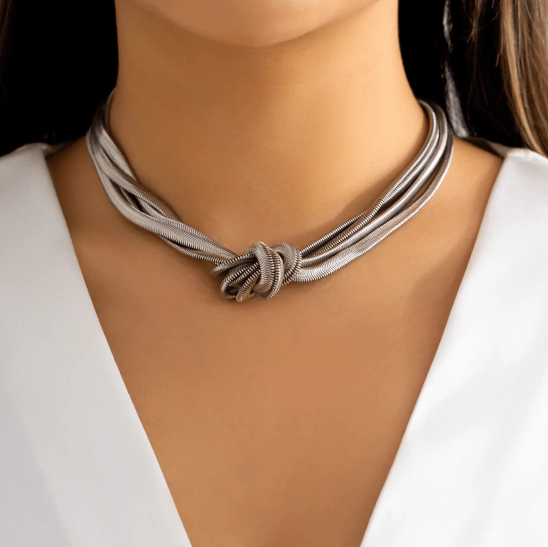 Superior Silvertone Herring Bone Chain Knot Necklace Efficient