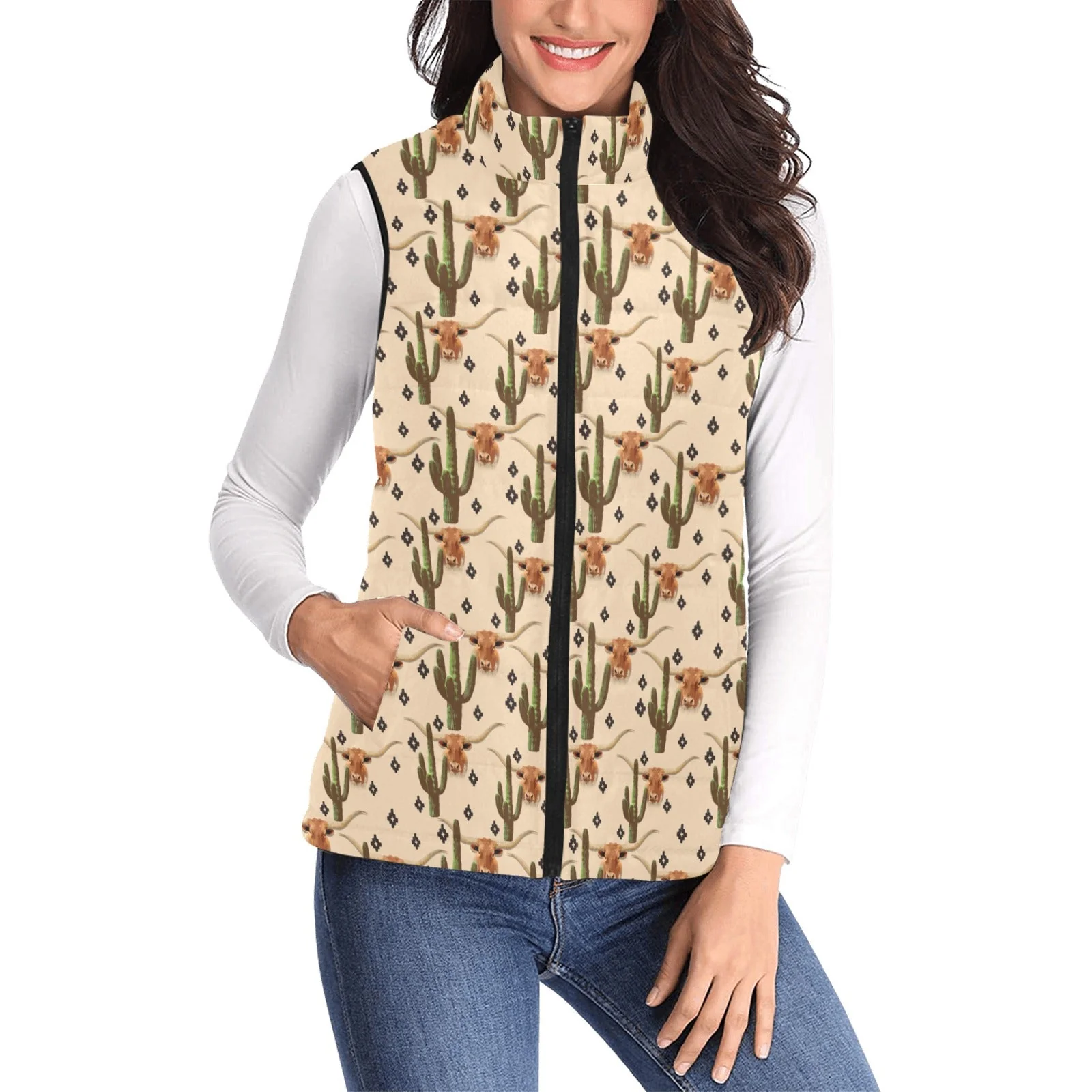 Premium Material Baha Ranch Longhorn Cactus Women's Western Puffy Vest Consistent