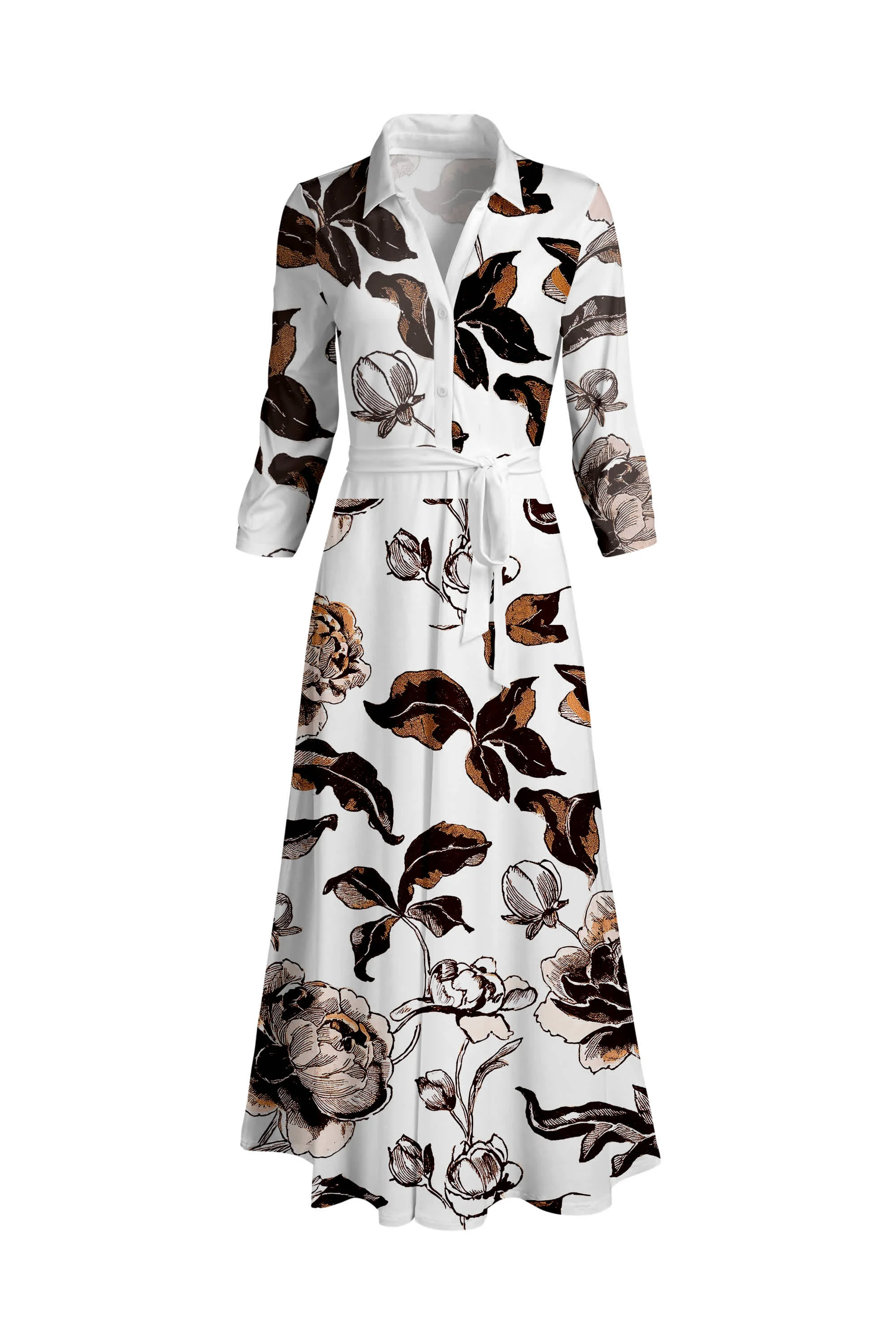 Natural Lily by Firmiana Women's Long Sleeve Collared Maxi Dress with Tie White Brown Feather Print Effective