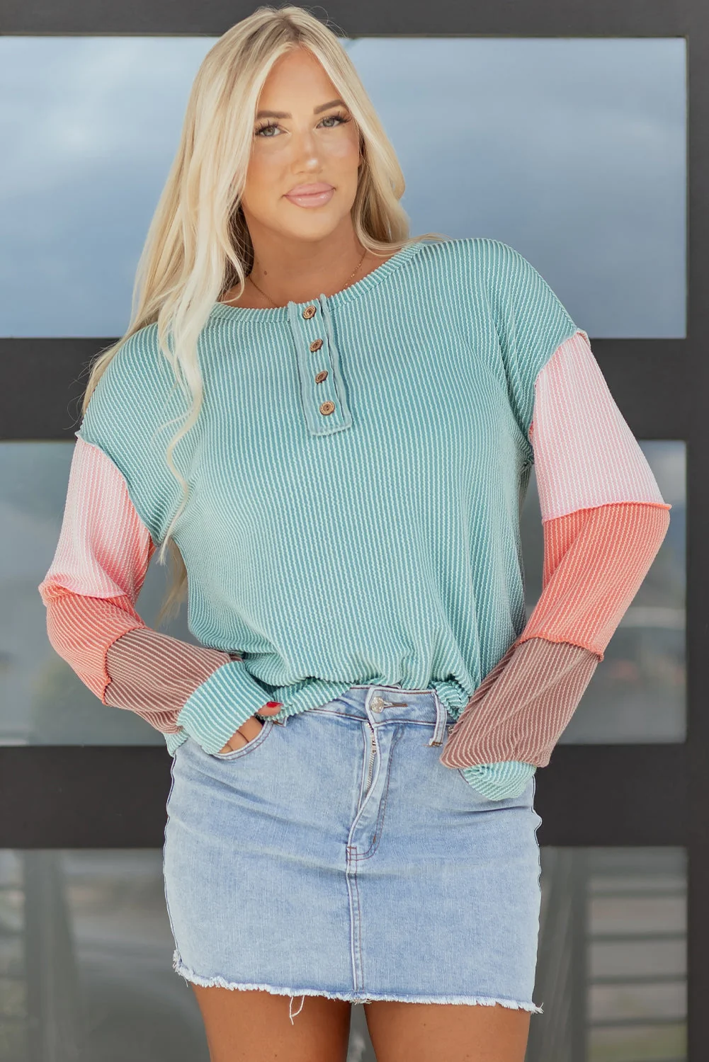 Consistent Threaded Pear Aria Knit Colorblock Henley Top High-Quality