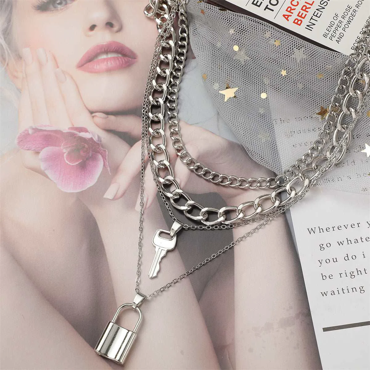 Contemporary Silvertone Key Lock Layered Chain Pendant Necklace Elite