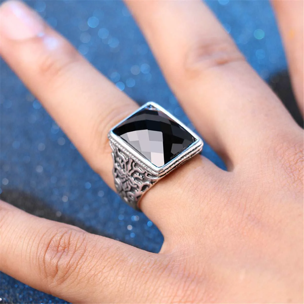 Unique Black Rectangle Band Ring Authentic