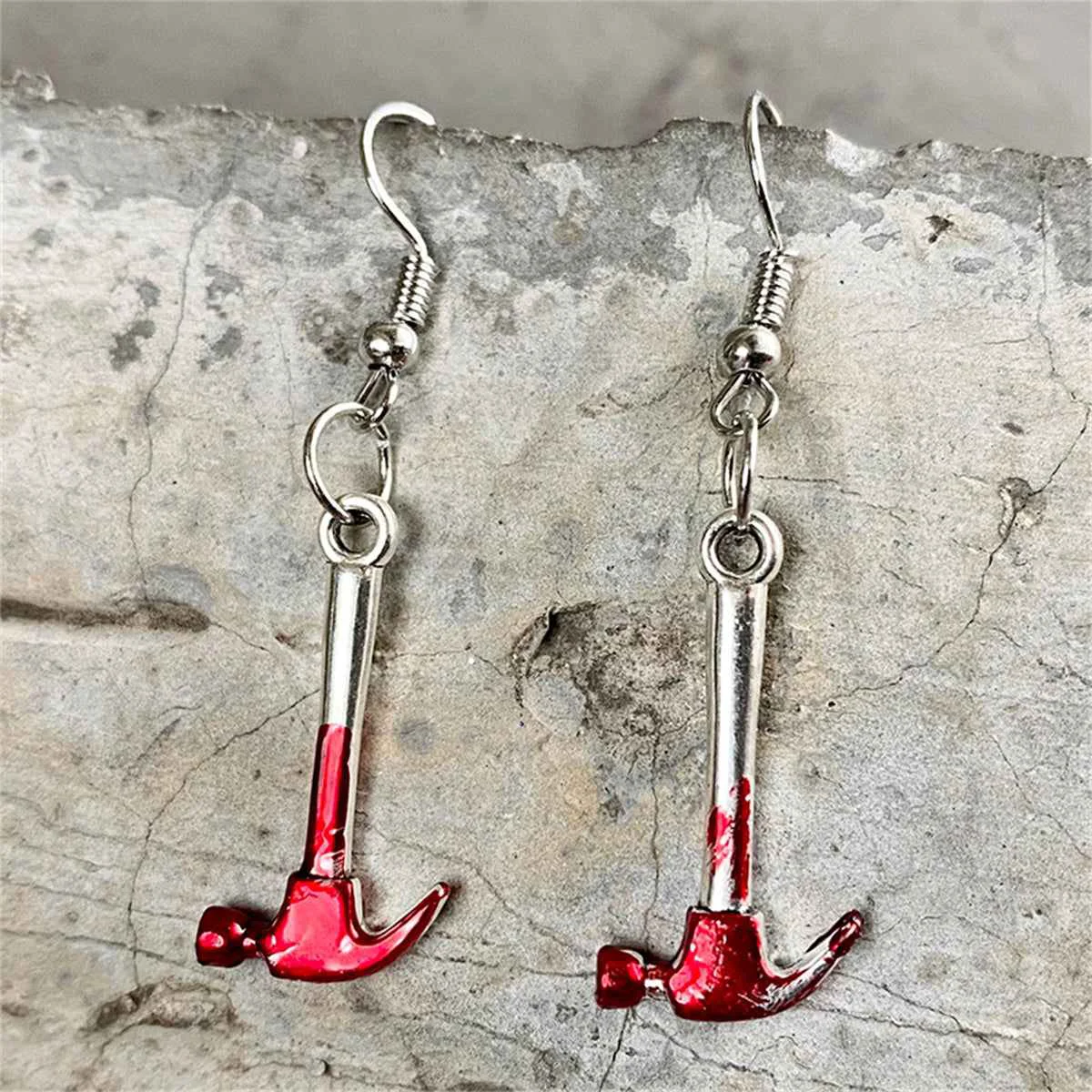 Clean Red Silvertone Hammer Drop Earring Eco-Friendly
