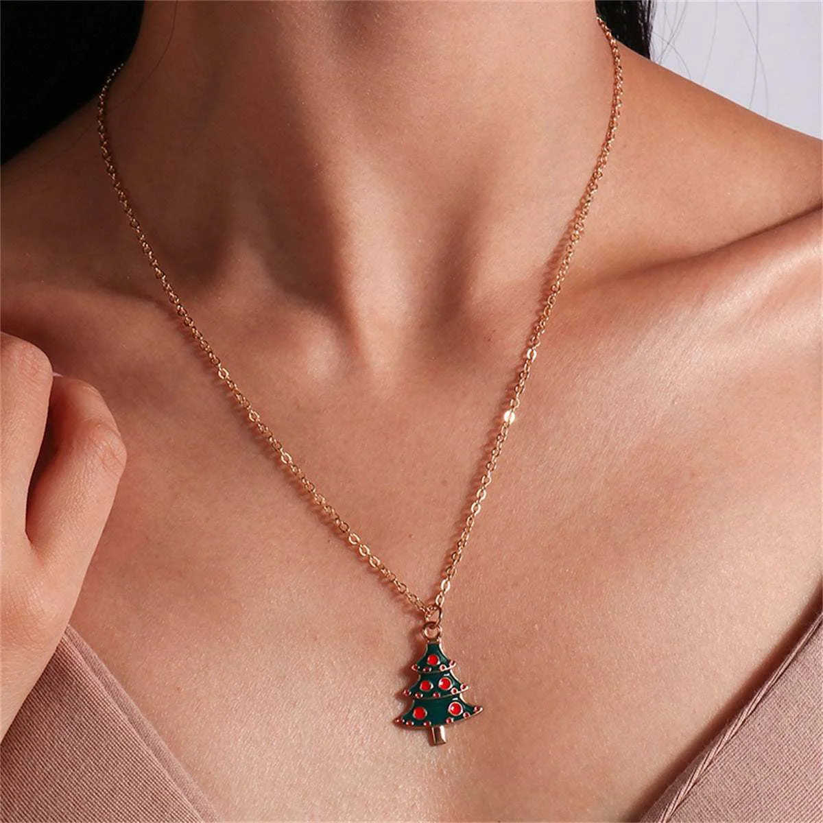 Sustainable Green Red Enamel Christmas Tree Pendant Necklace Pure