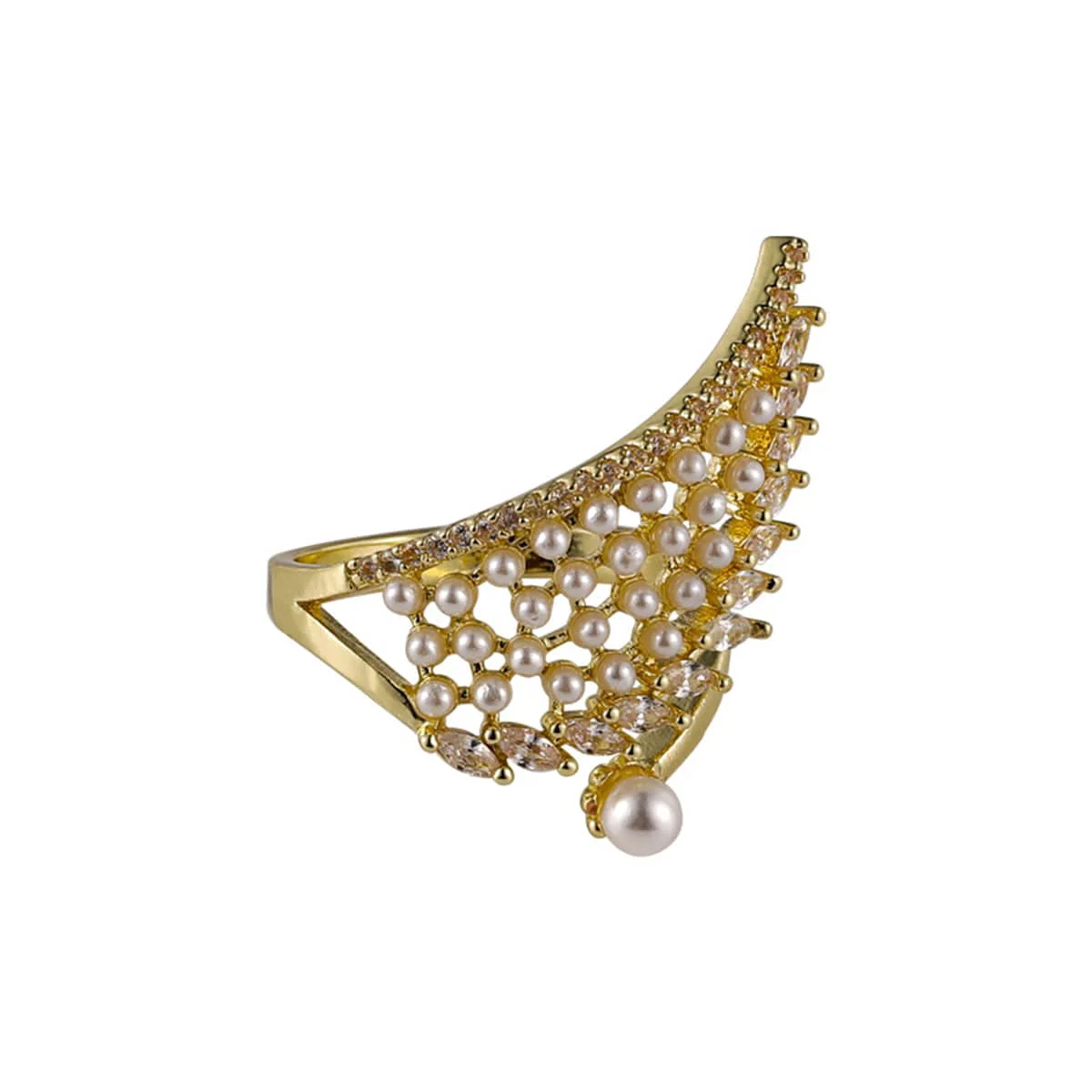 Superior Cubic Zirconia White Pearl Goldtone Wing Bypass Ring Smooth